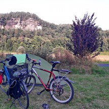 Our bicycles and little tent on the camping place of hostel Hinterland in Rathen